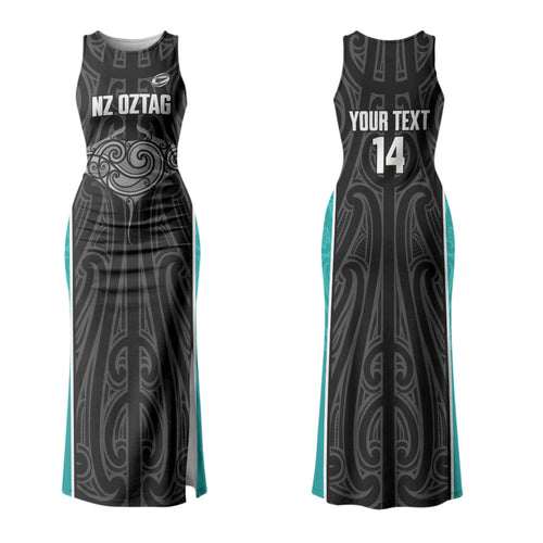 Custom New Zealand Stingray Oztag Couples Matching Tank Maxi Dress and Hawaiian Shirt Tag Rugby Maori Pattern Black Version