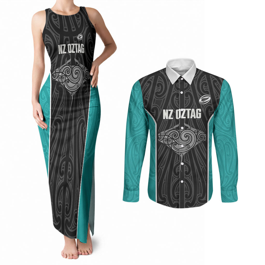 Custom New Zealand Stingray Oztag Couples Matching Tank Maxi Dress and Long Sleeve Button Shirt Tag Rugby Maori Pattern Black Version
