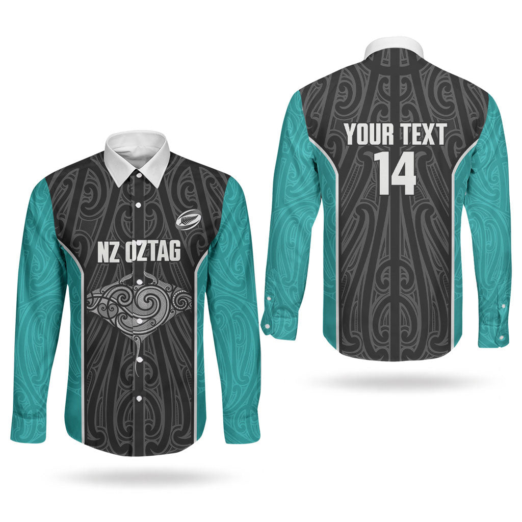 Custom New Zealand Stingray Oztag Couples Matching Tank Maxi Dress and Long Sleeve Button Shirt Tag Rugby Maori Pattern Black Version
