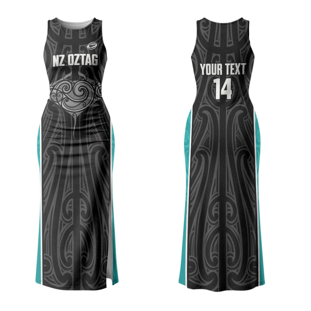Custom New Zealand Stingray Oztag Couples Matching Tank Maxi Dress and Long Sleeve Button Shirt Tag Rugby Maori Pattern Black Version