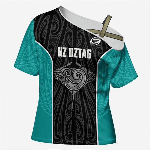 Custom New Zealand Stingray Oztag Cross Shoulder Shirt Tag Rugby Maori Pattern Black Version