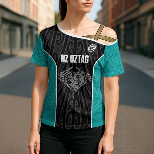 Custom New Zealand Stingray Oztag Cross Shoulder Shirt Tag Rugby Maori Pattern Black Version