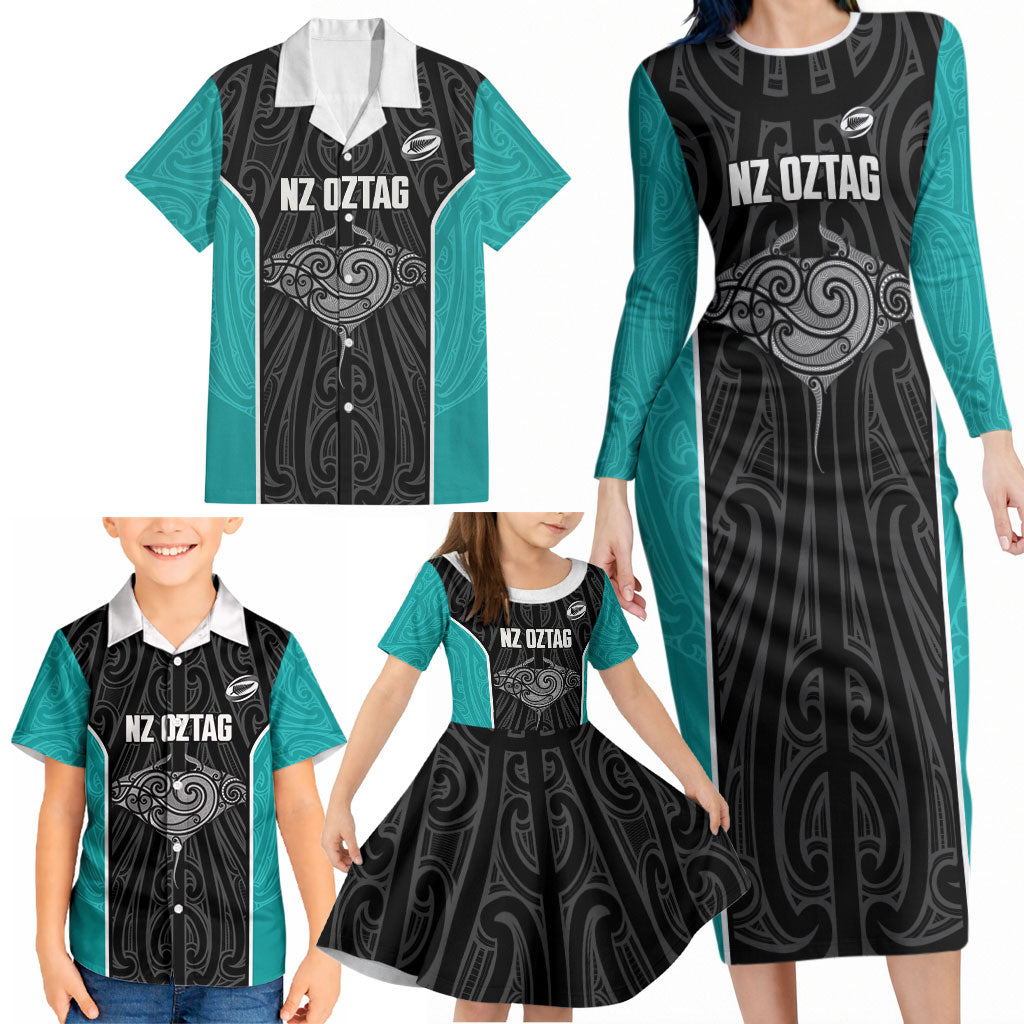 Custom New Zealand Stingray Oztag Family Matching Long Sleeve Bodycon Dress and Hawaiian Shirt Tag Rugby Maori Pattern Black Version