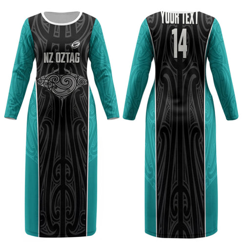 Custom New Zealand Stingray Oztag Family Matching Long Sleeve Bodycon Dress and Hawaiian Shirt Tag Rugby Maori Pattern Black Version
