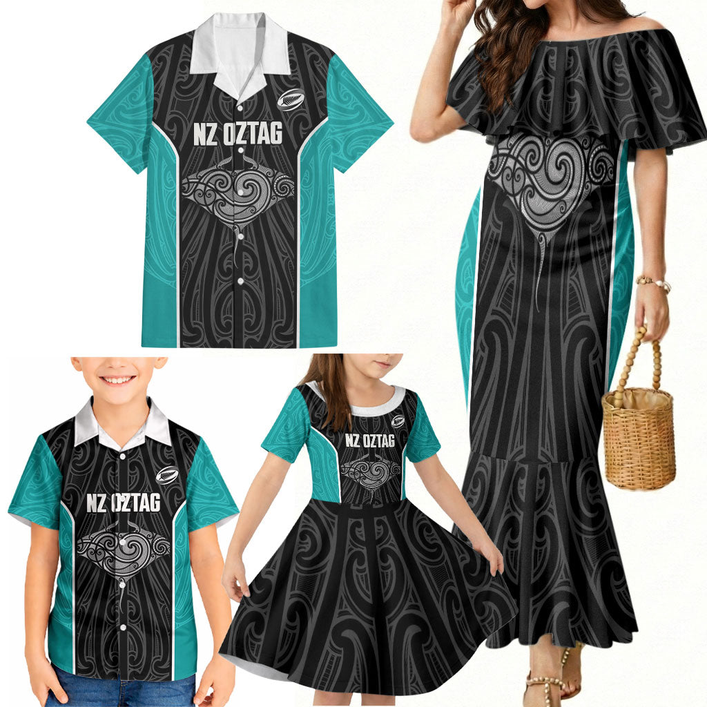 Custom New Zealand Stingray Oztag Family Matching Mermaid Dress and Hawaiian Shirt Tag Rugby Maori Pattern Black Version