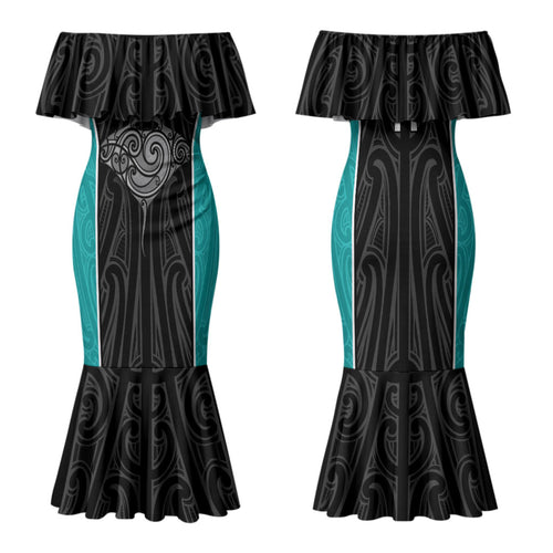 Custom New Zealand Stingray Oztag Family Matching Mermaid Dress and Hawaiian Shirt Tag Rugby Maori Pattern Black Version