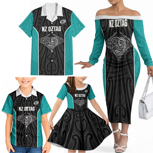 Custom New Zealand Stingray Oztag Family Matching Off The Shoulder Long Sleeve Dress and Hawaiian Shirt Tag Rugby Maori Pattern Black Version