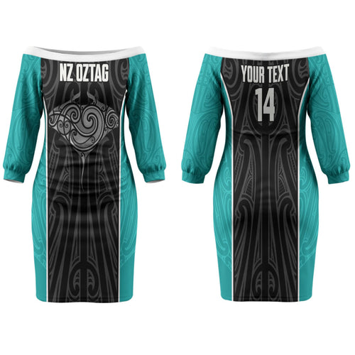 Custom New Zealand Stingray Oztag Family Matching Off The Shoulder Long Sleeve Dress and Hawaiian Shirt Tag Rugby Maori Pattern Black Version
