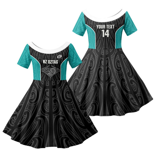 Custom New Zealand Stingray Oztag Family Matching Off The Shoulder Long Sleeve Dress and Hawaiian Shirt Tag Rugby Maori Pattern Black Version