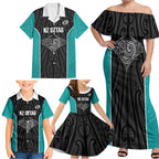 Custom New Zealand Stingray Oztag Family Matching Off Shoulder Maxi Dress and Hawaiian Shirt Tag Rugby Maori Pattern Black Version