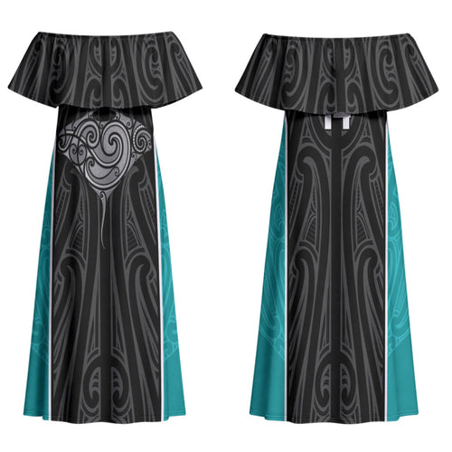 Custom New Zealand Stingray Oztag Family Matching Off Shoulder Maxi Dress and Hawaiian Shirt Tag Rugby Maori Pattern Black Version