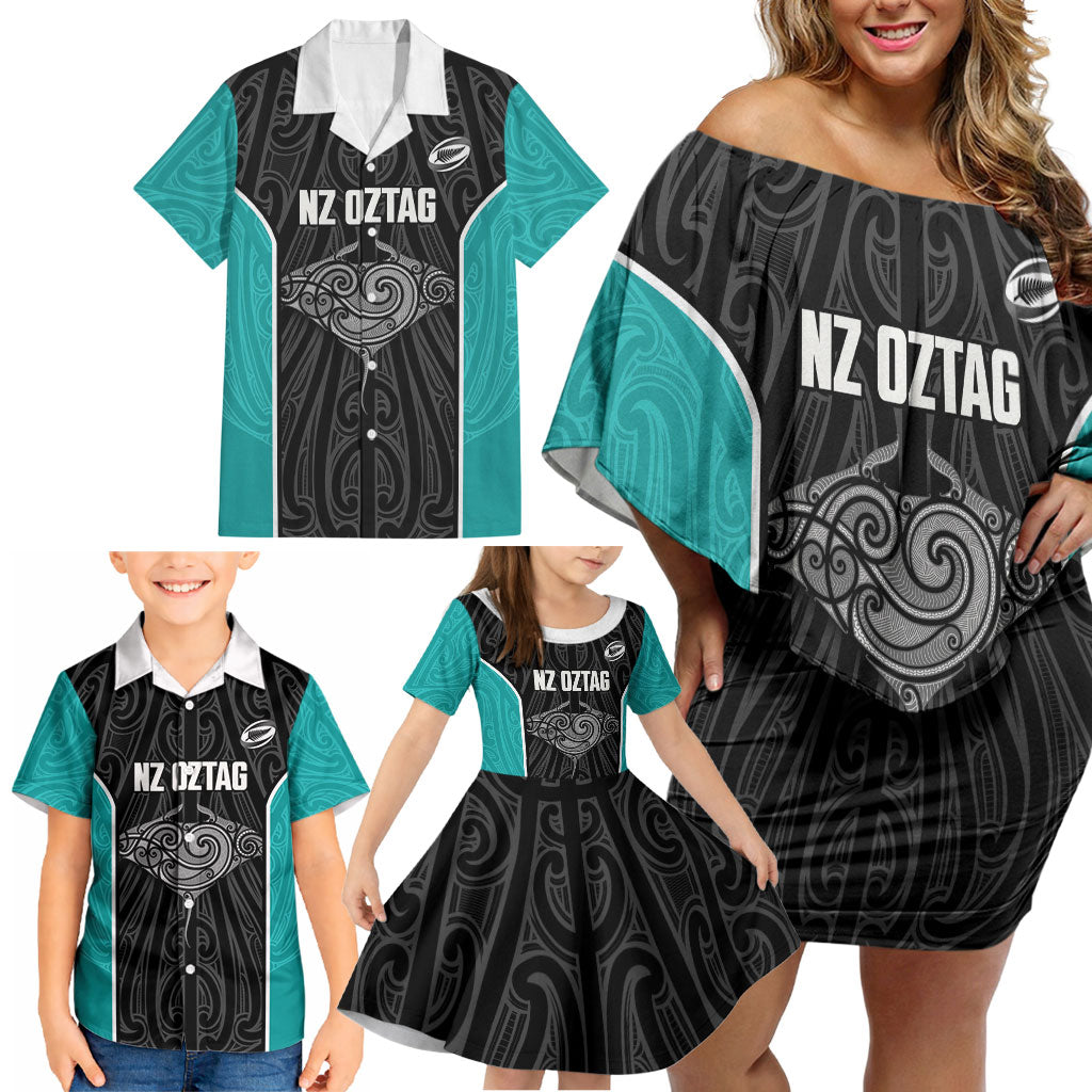 Custom New Zealand Stingray Oztag Family Matching Off Shoulder Short Dress and Hawaiian Shirt Tag Rugby Maori Pattern Black Version