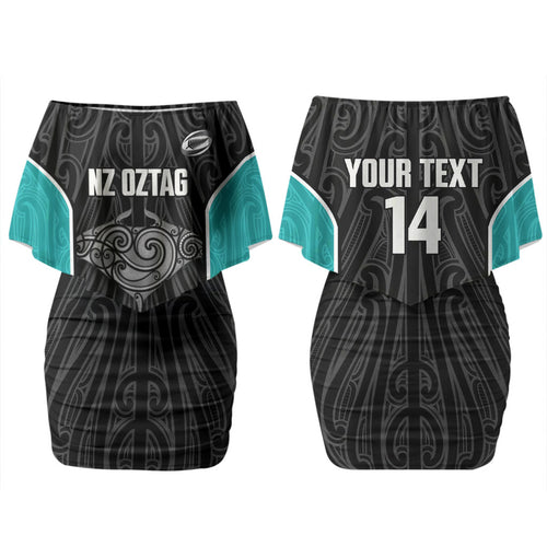 Custom New Zealand Stingray Oztag Family Matching Off Shoulder Short Dress and Hawaiian Shirt Tag Rugby Maori Pattern Black Version