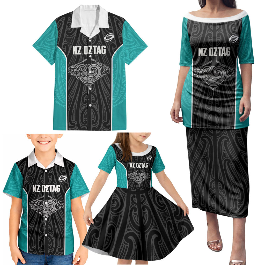 Custom New Zealand Stingray Oztag Family Matching Puletasi and Hawaiian Shirt Tag Rugby Maori Pattern Black Version