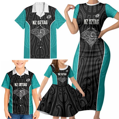 Custom New Zealand Stingray Oztag Family Matching Short Sleeve Bodycon Dress and Hawaiian Shirt Tag Rugby Maori Pattern Black Version