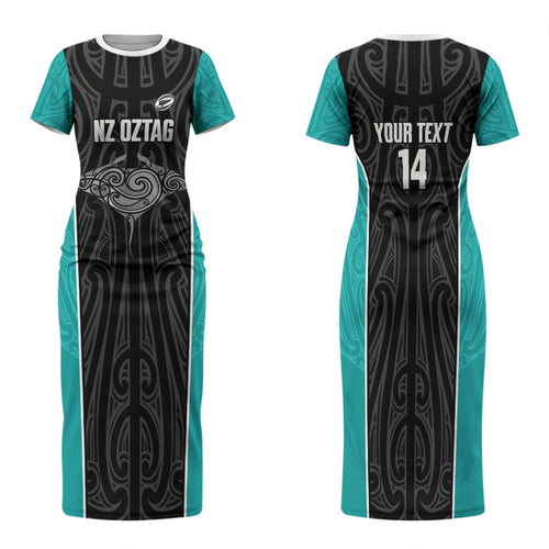 Custom New Zealand Stingray Oztag Family Matching Short Sleeve Bodycon Dress and Hawaiian Shirt Tag Rugby Maori Pattern Black Version