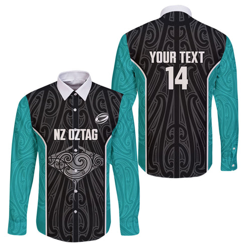 Custom New Zealand Stingray Oztag Family Matching Short Sleeve Bodycon Dress and Hawaiian Shirt Tag Rugby Maori Pattern Black Version