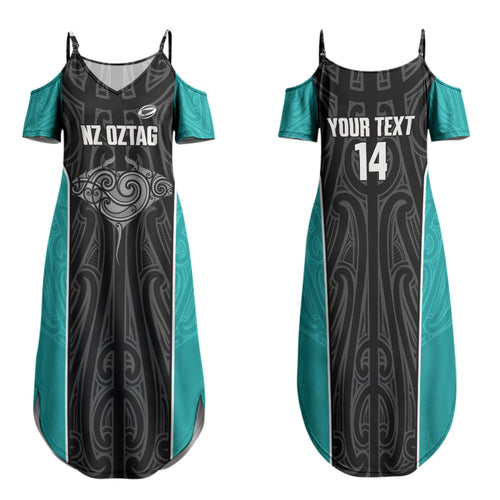 Custom New Zealand Stingray Oztag Family Matching Summer Maxi Dress and Hawaiian Shirt Tag Rugby Maori Pattern Black Version