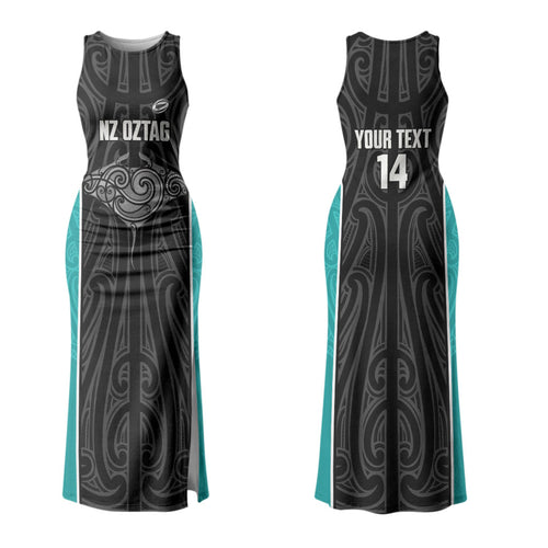 Custom New Zealand Stingray Oztag Family Matching Tank Maxi Dress and Hawaiian Shirt Tag Rugby Maori Pattern Black Version