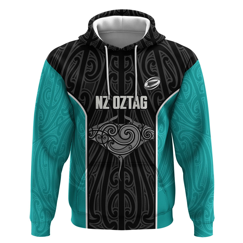 Custom New Zealand Stingray Oztag Hoodie Tag Rugby Maori Pattern Black Version