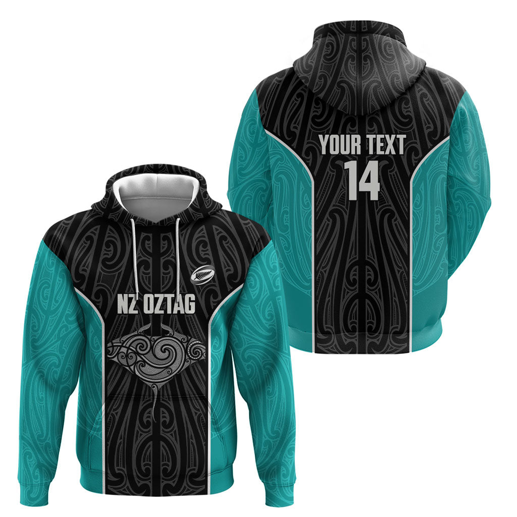 Custom New Zealand Stingray Oztag Hoodie Tag Rugby Maori Pattern Black Version