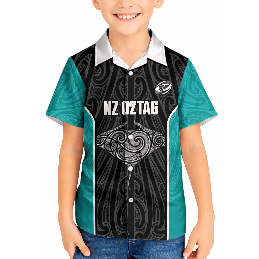 Custom New Zealand Stingray Oztag Kid Hawaiian Shirt Tag Rugby Maori Pattern Black Version