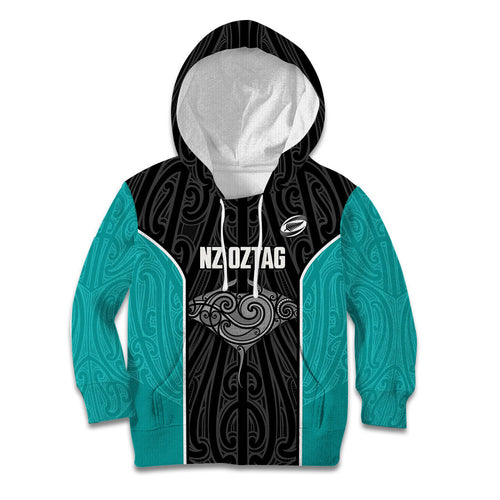 Custom New Zealand Stingray Oztag Kid Hoodie Tag Rugby Maori Pattern Black Version