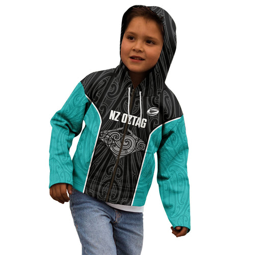 Custom New Zealand Stingray Oztag Kid Hoodie Tag Rugby Maori Pattern Black Version