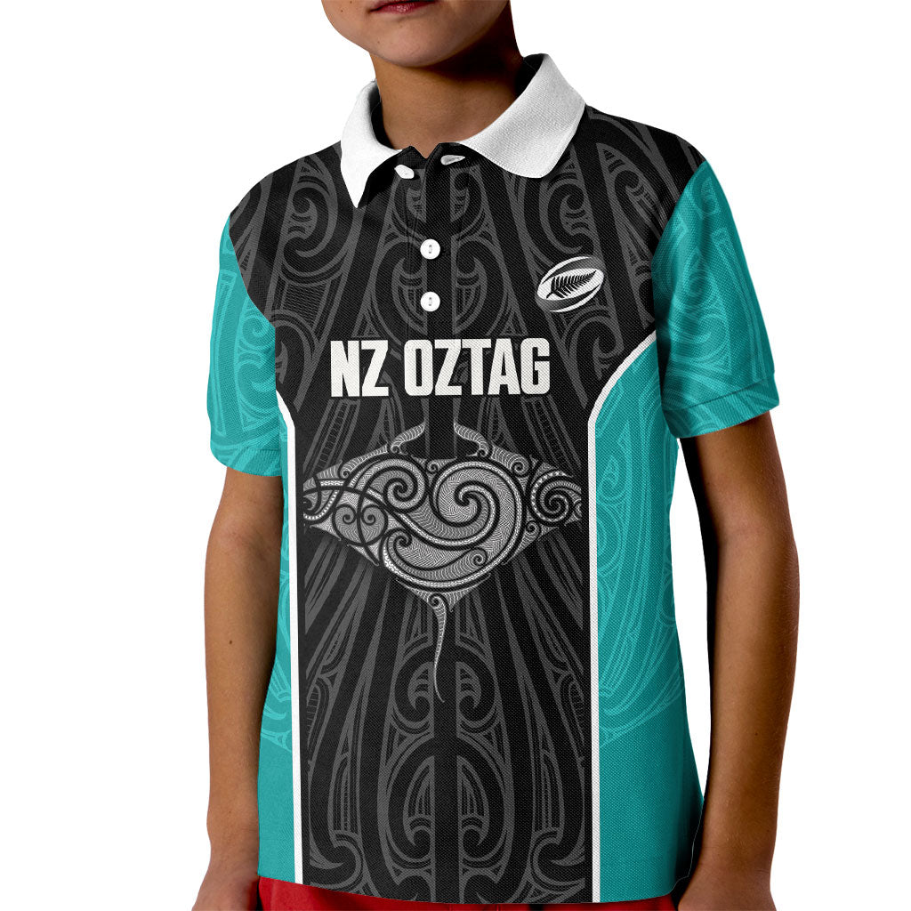 Custom New Zealand Stingray Oztag Kid Polo Shirt Tag Rugby Maori Pattern Black Version