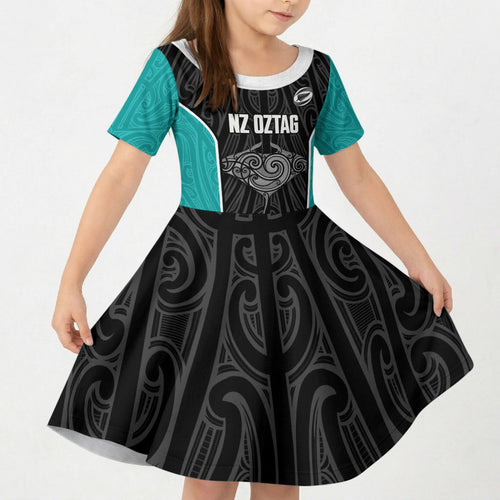 Custom New Zealand Stingray Oztag Kid Short Sleeve Dress Tag Rugby Maori Pattern Black Version