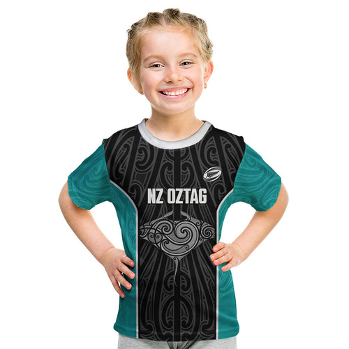 Custom New Zealand Stingray Oztag Kid T Shirt Tag Rugby Maori Pattern Black Version