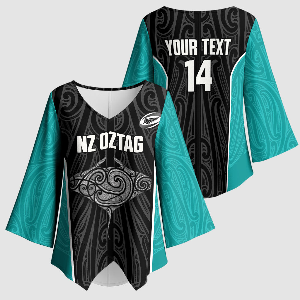 Custom New Zealand Stingray Oztag Kimono Sleeve Blouse Tag Rugby Maori Pattern Black Version