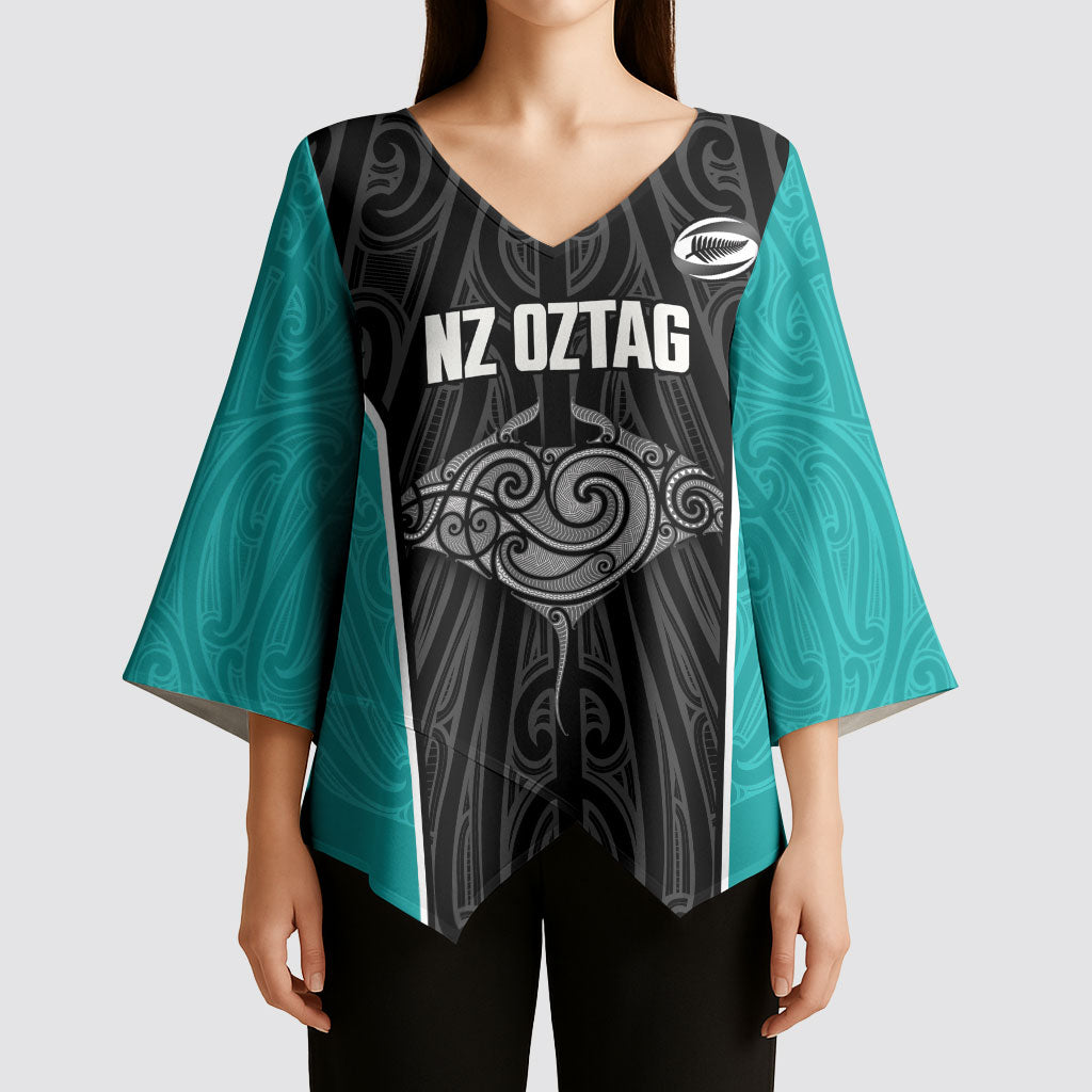 Custom New Zealand Stingray Oztag Kimono Sleeve Blouse Tag Rugby Maori Pattern Black Version