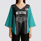 Custom New Zealand Stingray Oztag Kimono Sleeve Blouse Tag Rugby Maori Pattern Black Version