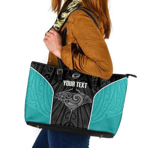 Custom New Zealand Stingray Oztag Leather Tote Bag Tag Rugby Maori Pattern Black Version