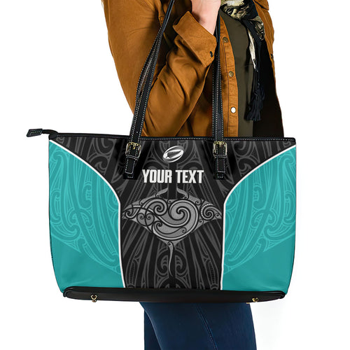 Custom New Zealand Stingray Oztag Leather Tote Bag Tag Rugby Maori Pattern Black Version