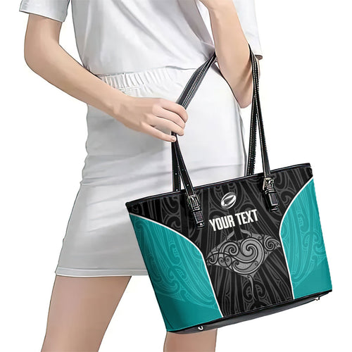Custom New Zealand Stingray Oztag Leather Tote Bag Tag Rugby Maori Pattern Black Version