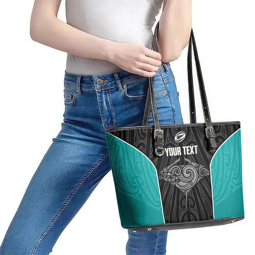 Custom New Zealand Stingray Oztag Leather Tote Bag Tag Rugby Maori Pattern Black Version