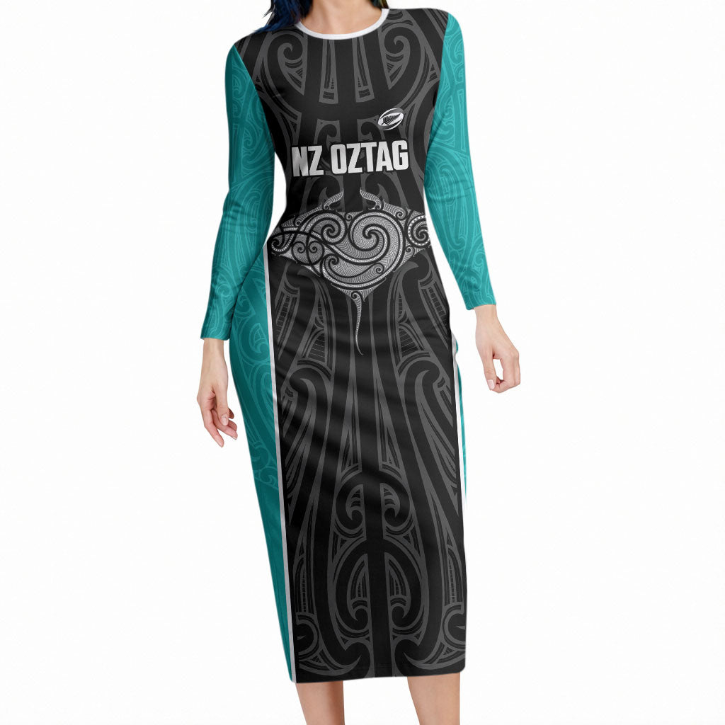 Custom New Zealand Stingray Oztag Long Sleeve Bodycon Dress Tag Rugby Maori Pattern Black Version