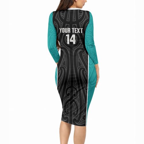 Custom New Zealand Stingray Oztag Long Sleeve Bodycon Dress Tag Rugby Maori Pattern Black Version