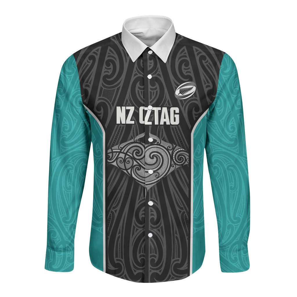 Custom New Zealand Stingray Oztag Long Sleeve Button Shirt Tag Rugby Maori Pattern Black Version