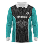 Custom New Zealand Stingray Oztag Long Sleeve Polo Shirt Tag Rugby Maori Pattern Black Version