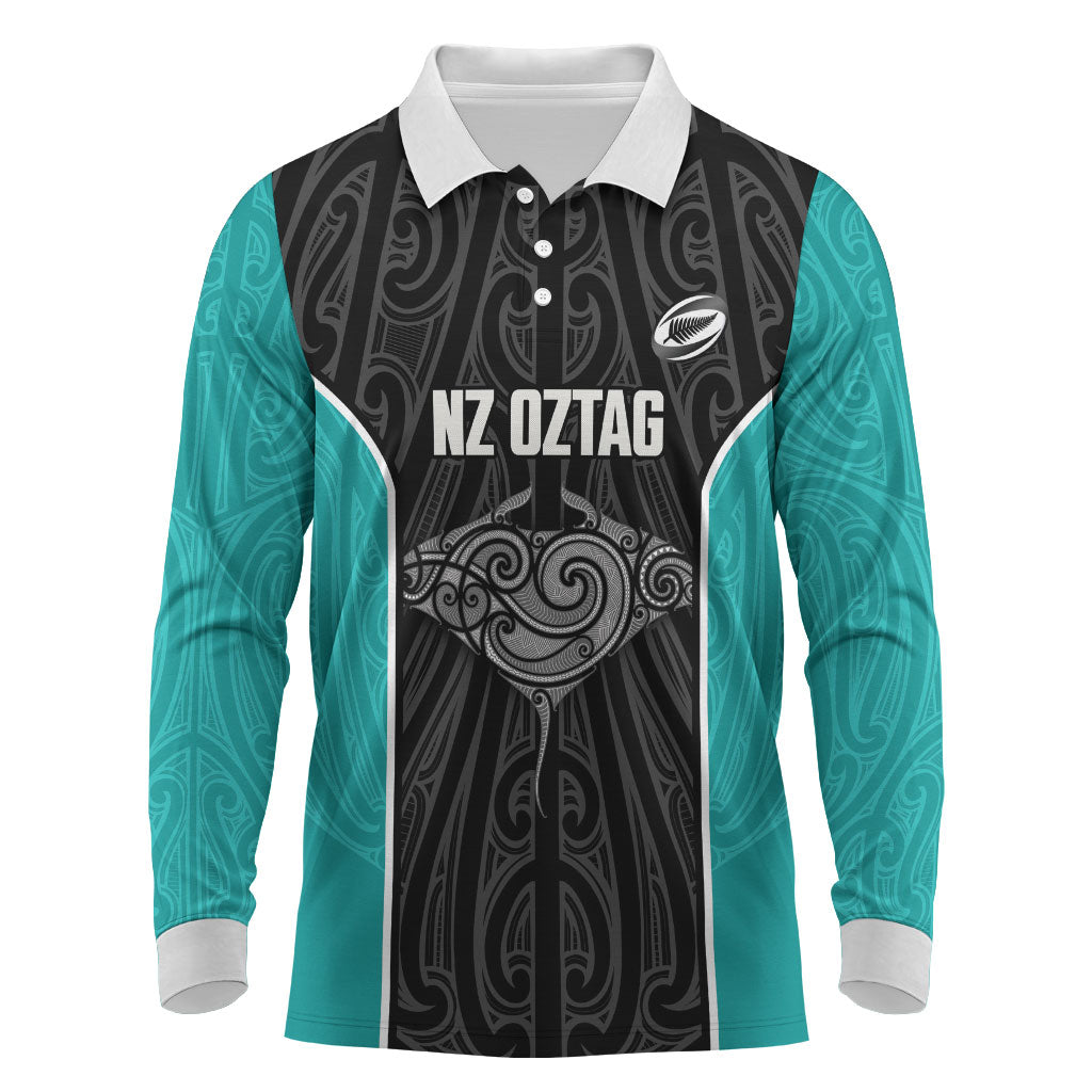 Custom New Zealand Stingray Oztag Long Sleeve Polo Shirt Tag Rugby Maori Pattern Black Version