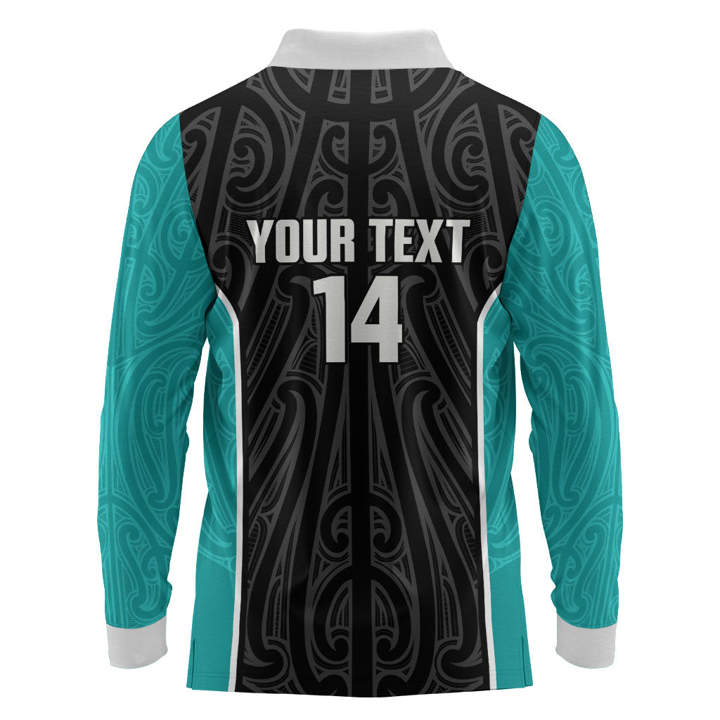 Custom New Zealand Stingray Oztag Long Sleeve Polo Shirt Tag Rugby Maori Pattern Black Version