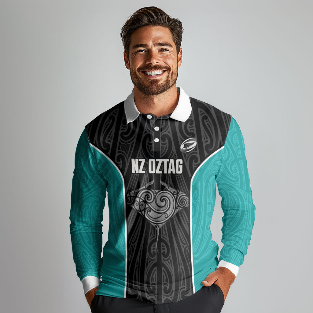 Custom New Zealand Stingray Oztag Long Sleeve Polo Shirt Tag Rugby Maori Pattern Black Version