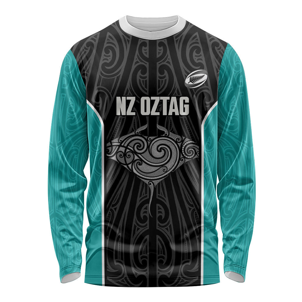 Custom New Zealand Stingray Oztag Long Sleeve Shirt Tag Rugby Maori Pattern Black Version