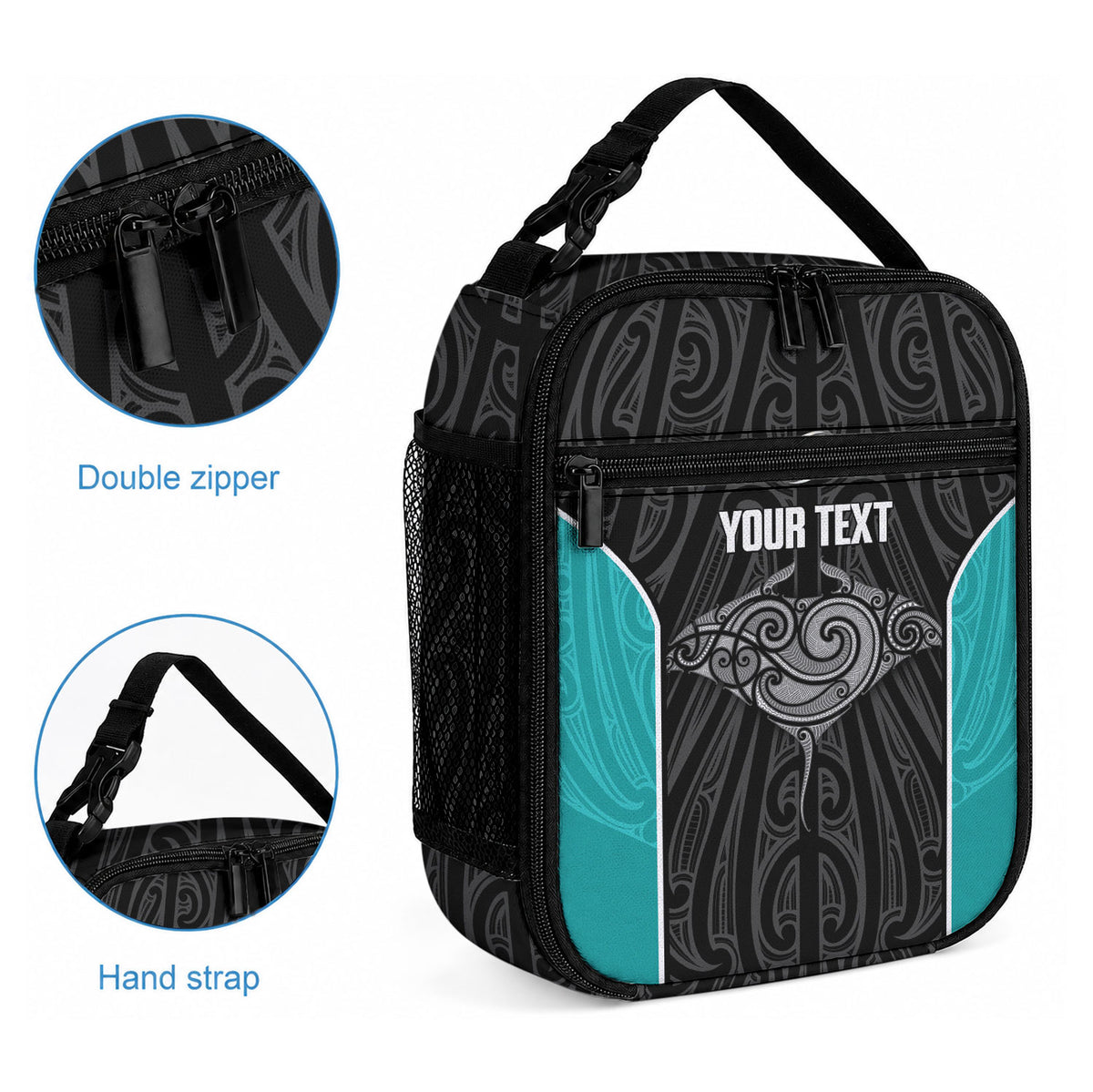 Custom New Zealand Stingray Oztag Lunch Bag Tag Rugby Maori Pattern Black Version