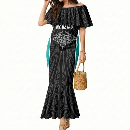 Custom New Zealand Stingray Oztag Mermaid Dress Tag Rugby Maori Pattern Black Version