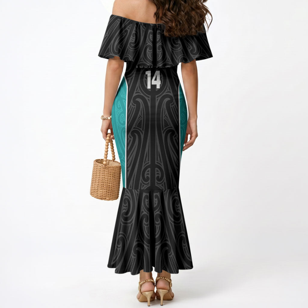 Custom New Zealand Stingray Oztag Mermaid Dress Tag Rugby Maori Pattern Black Version
