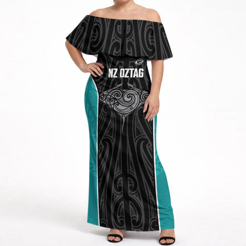Custom New Zealand Stingray Oztag Off Shoulder Maxi Dress Tag Rugby Maori Pattern Black Version